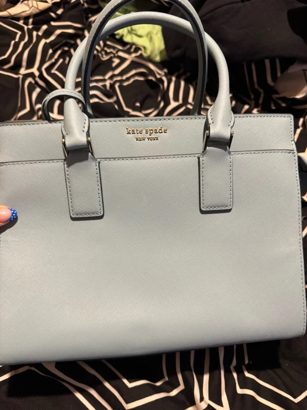 kate spade Light Blue Saffiano Satchel with Gold Logo